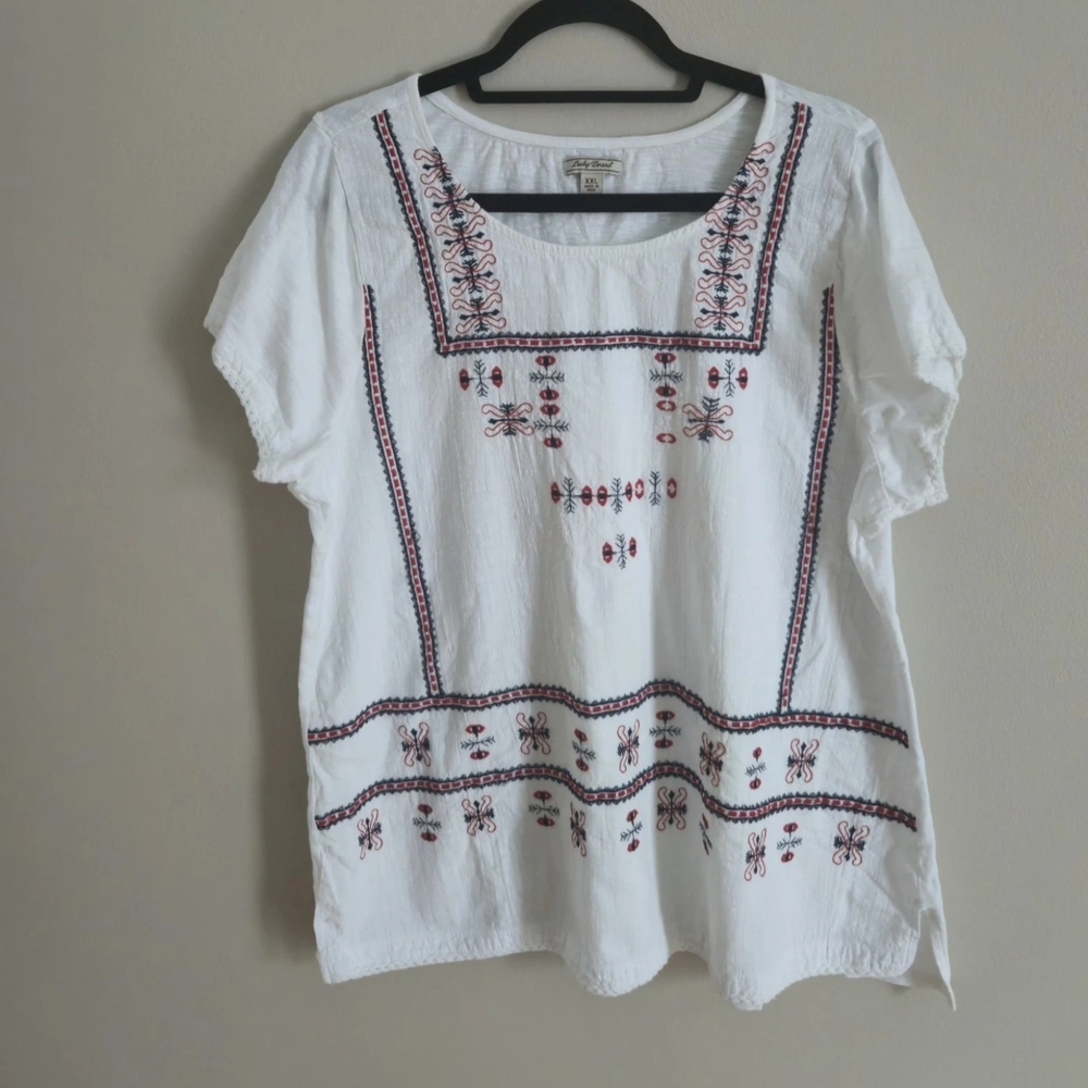 Lucky Brand Women's Embroidered Boho Blouse In White Linen Cotton Blend Size XXL